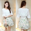 Women Fashion Two Pieces Set Round Neck Flare Half Sleeve T Shirt Pleated Print Skirt Set