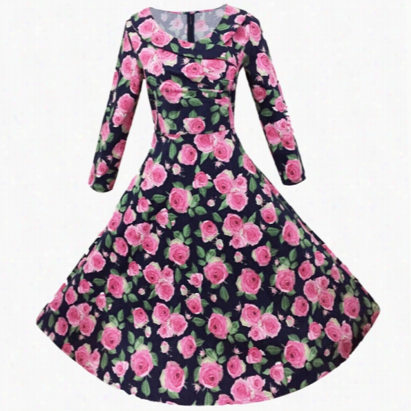 Vintage Tsyle Women O-neck Long Sleeve Floral High Waist Stretch Slim Midi Swing Dress