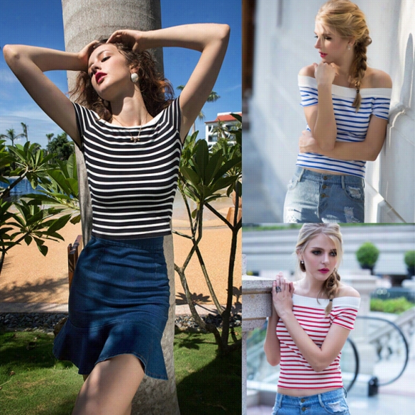 Women Fashion Elegant Sexy Slim Strapless Off Shoulder Short Sleeve Classic Stripe Tops Blous