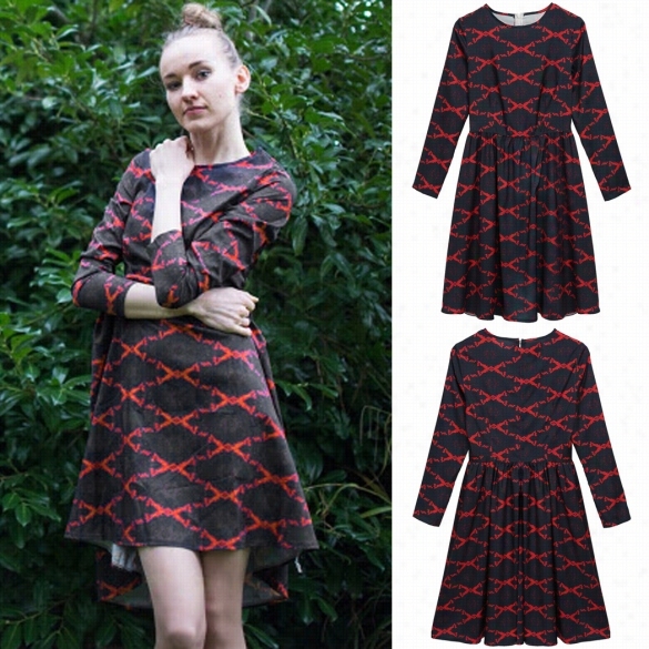 Women Fashion Round Neck Long Sleeve High Waist Print A-line  Midi Dress