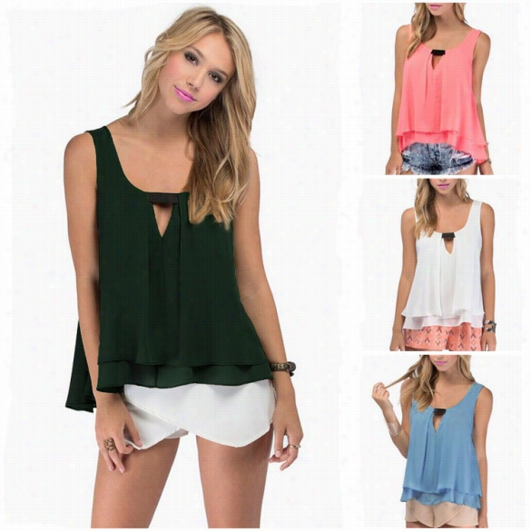 Women Fashion Sexy Cashal Round Neck Sleeveless Irreullar Hem Hollow Solid Chiffon B Louse Tank Tops