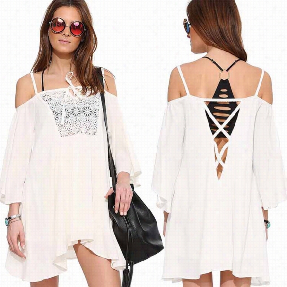 Women Fashion Sexy Chiffono F F Shoulder Backless Crochet Patchwork Hollow Solid Irregular A-line Lacking Mini Dress