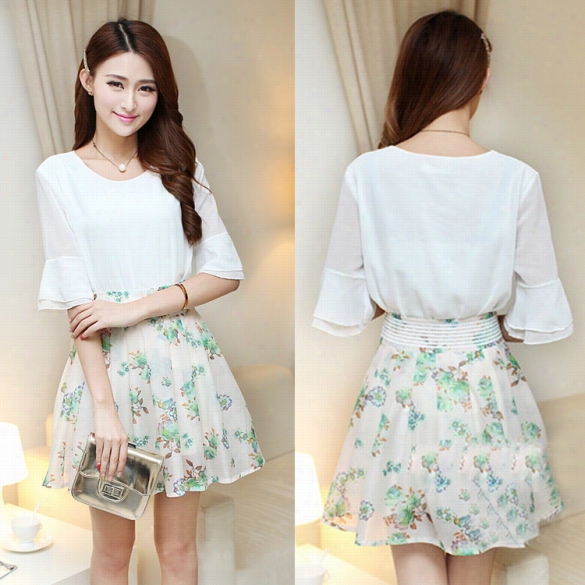 Women Fashion Tao Pieces Set Round Neck Flare Half Sleeve T Shirt Pleated Print Skirt  Set