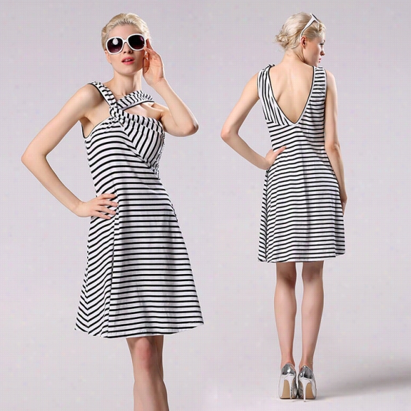 Wommen Sexy Cross Front Deep V Back Stripe Sleeveless Slim Ca Sual Party  Dress