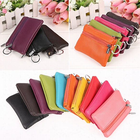 Women Synthetic Leather Zipper Small Coin Bag Key Holder Clutch Wallet Mini Purse 10 Colors