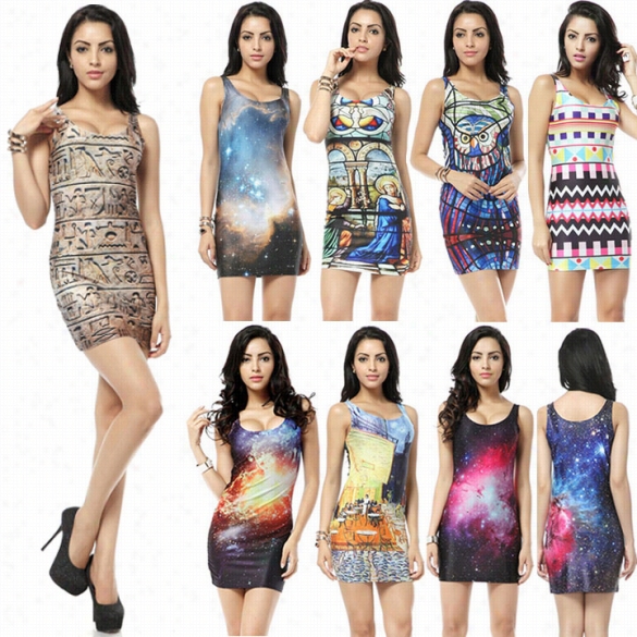 Wmoen's Digital Printing Stretch Bodycon Sleeveless Slim Fit Tank Dress