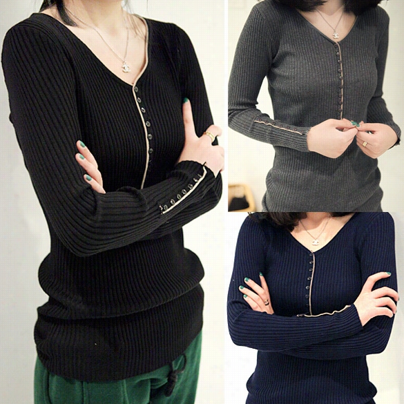 Women's Slim Long Sleeve Thread Bottoming Shirt Kn Itted Sweater T-shirt 6 Cooors