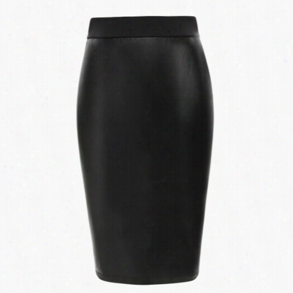 Womens Wet Look Faux Leather Pencil Bodycon High Waisted Mmidi Skirt