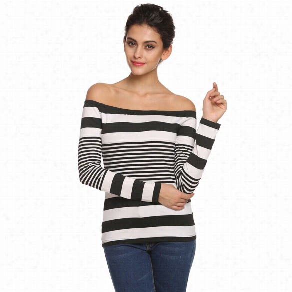 Zeagoo Elegant Women Fashion Sexy Lady Long Sleeve Off Shoulder Stripe Slight Topp Casualt-shirt Shirt