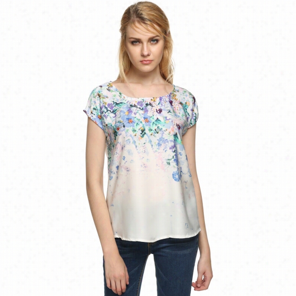 Zeagoo Ladies Women Casual O-neck Short Sleeve Floral Slim Blouse Tops