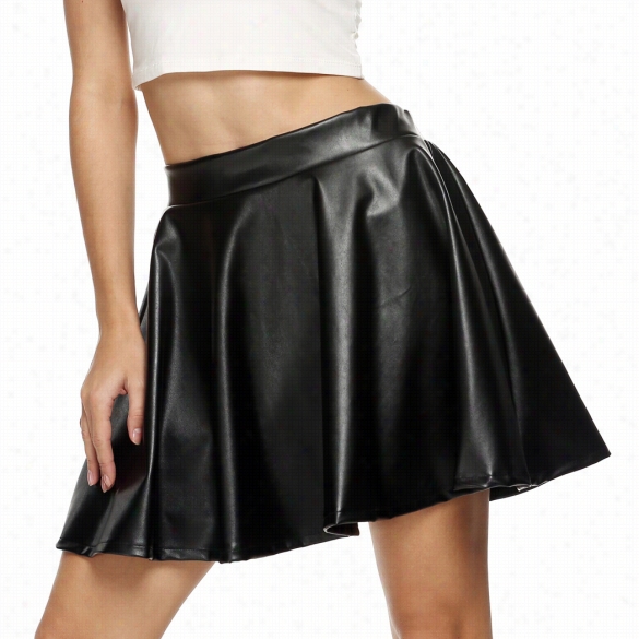 Zeagoo Ladies Woemn Sexy Faux Leather Elastic Waist Pleated Mini Skirt