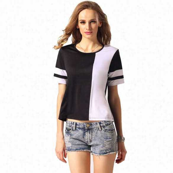 Zeagoo Stlyish Women Casual Loose Contrast Color Short Slewve T-shirt