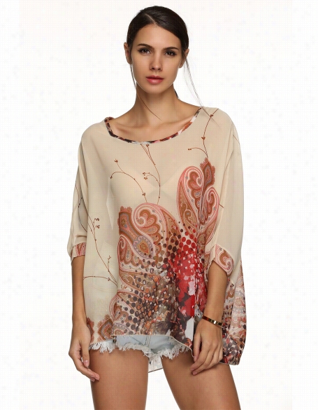 Zeagoo Women Fashion Casual Bohemiaan Style Print Loose Beach Chiffon Top Blouse