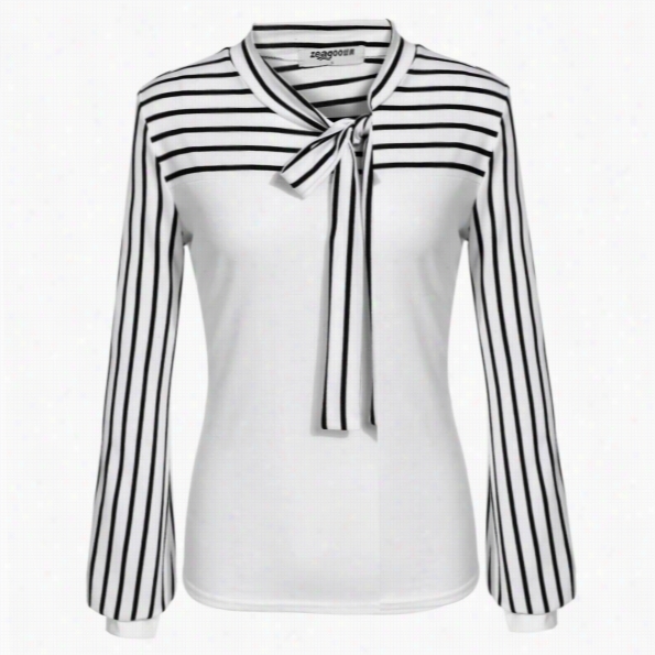 Zeagoo Women Fashion O-neck Long Sleeve Striped Patchwork Slim Blouse Tos