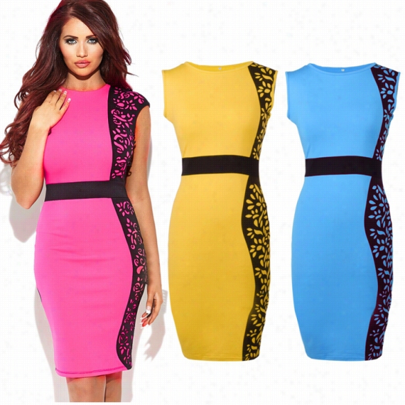 Acevog Fashion Womeen O-neck Sleevelesa Print High Waist Bodycon Slim Pencil Dress