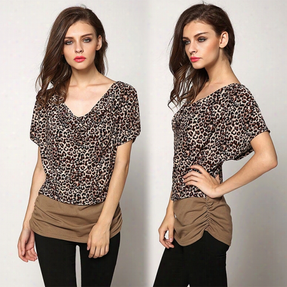 Acevog Women Fashhion Sexy Leopard Round Neck Short Batw Iing Sleeve Patchwork T Shirt Tops