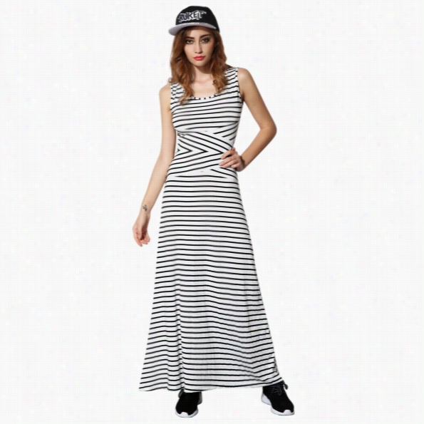 Angvns Ladies Women Sleeveless Striped Patchwork Bodycon Party Casual Slim  Max Long Dress