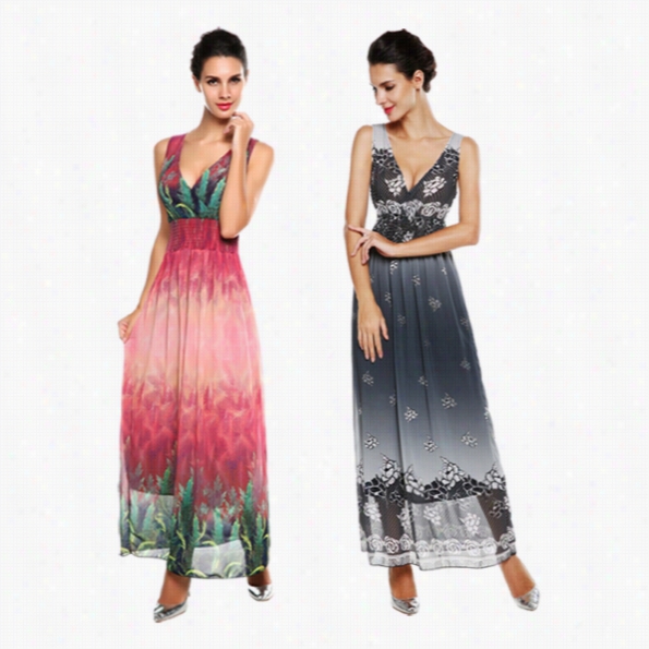 An Gnvs New Fashion Owmen Casual Chiffon Deep V Neck Sleeveless Elastic High Waist Print Frilly Maxi Throughout Dress