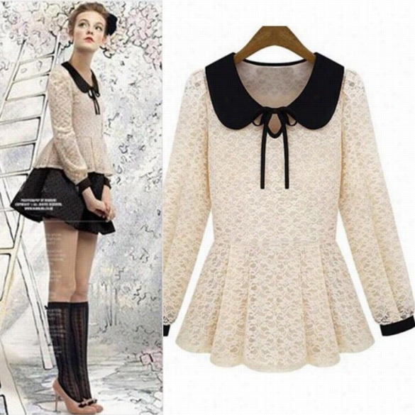 Autumn New Lace Bw Vintage Puppet  Collar Slim Long Sleeve Puff Shirt Tie Blouses Tops