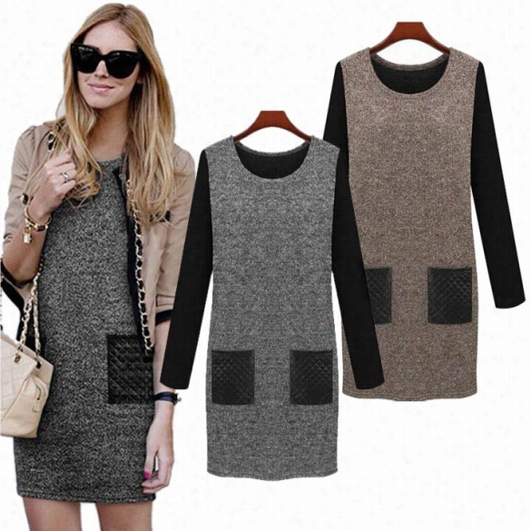 Autumn Winter Europeean Women Casual Patchwork Sweater Long Sleeve O-neck Mini Dress Slim Plus Sjze