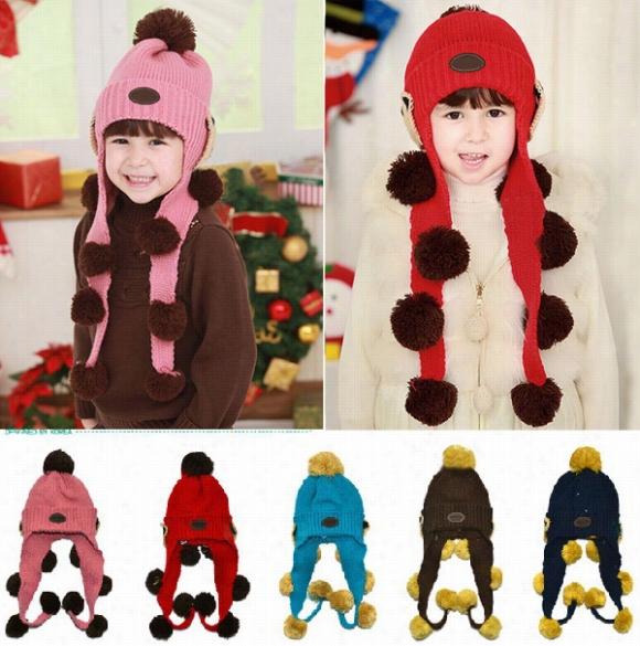 Baby Unisex Tiger Pattern Side Hat Knitting Wool Ball Winter Hay Cap 5 Colors