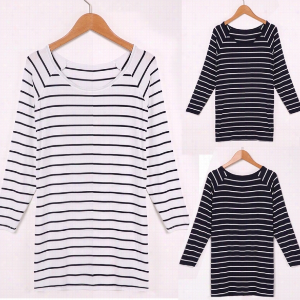 Beest Sale New Fashion Women O-neck Long Sleeve Casual Loose Striped T-s Hirt Tops Blouse