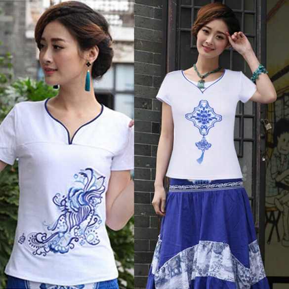 Best Sale Stylish Lady Women New F Ashion Ethnic  Print  Embroidery Short Sleeve V-neck T-shirt