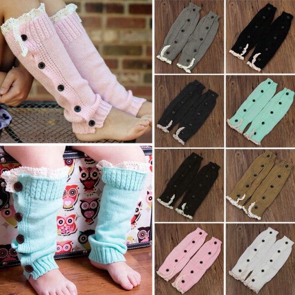 Children Kids Girls Knitted  Button Cover Lace Bowknot Over Thigh-high Sock Knitted Boot Sock Leg Warmers