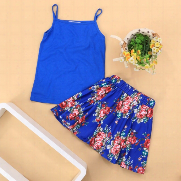 Cute Kids Girls 2pcs Fashion Spaghetti Sttra Solid Tank Top And Loral Elastif Waist A-line Skirt