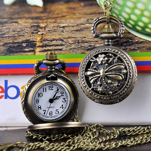 Dragonfly Hollow Vintage Style Bronze Quartz Necklace Clockpocket Watch