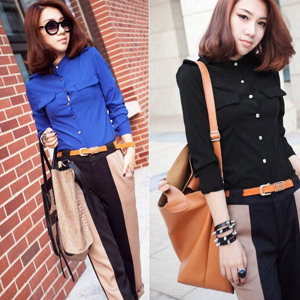 Elegant Casual Stand Collar Long Sleeves Shirts Tops Blouse 2 Colors