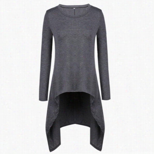 Fashion Casual Women O-neck Long Sleeve Soli Irregular Hem Slim L Ong Blouse Tops