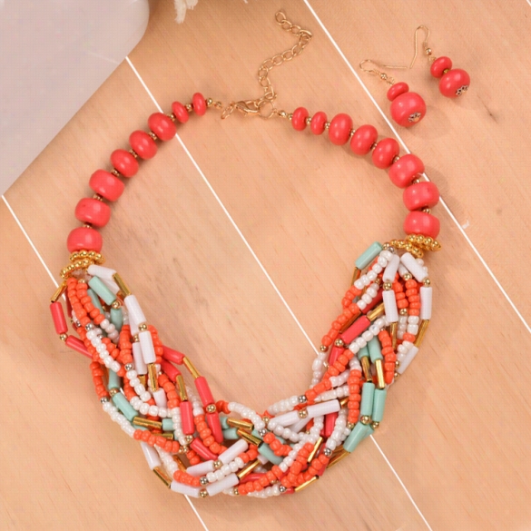 Fashion Coral Red Beaded Torsade Multiple R Ows Twist Bbi Choker Necklace Ear Rings Set