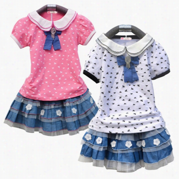 Fashion Girl Kids Children's Doll Neck Narrow Slevee Print T-shirt And Applique Layered Cake Skirt Set