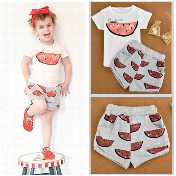 Fashion Kid Chiildren Girl Watermelon Pattern Sohrt Sleeve T-shirt Shorts Two Pieces Set