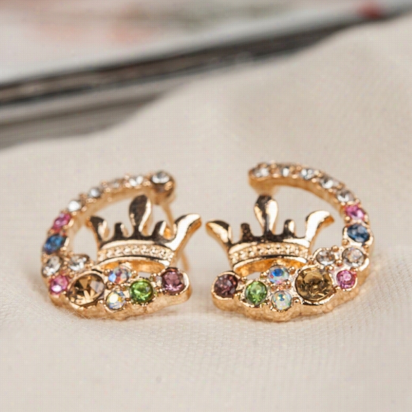 Fashion Ladies Chic Lovely Shinny Crystal Rhinestnoe Hollow Croqn Ear Stud Earring Gift