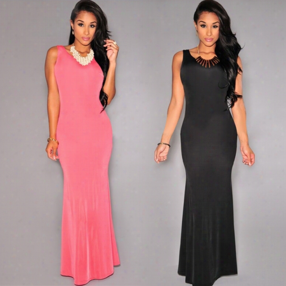 Fashion Ladies Women Sexy Sleeveless Backless Strap Solid Slim Casual Long Dress