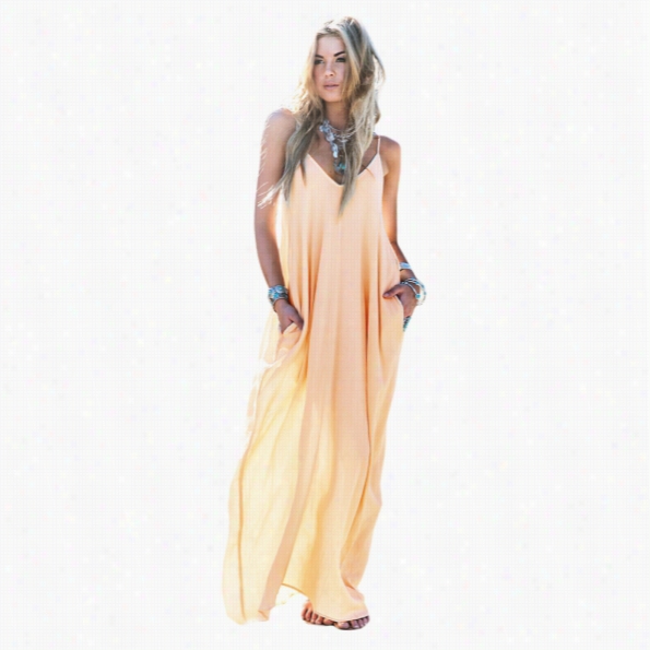 Fashion Ladies Women Sey V-neck Strap Loose Casual Beach Chiffon Long Maxi Dress