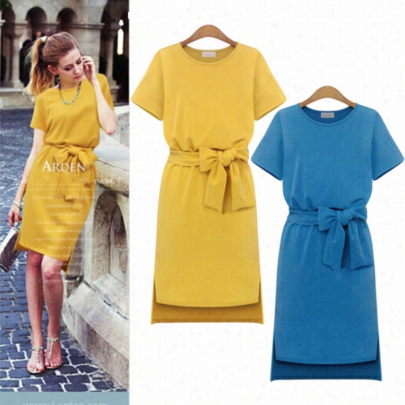 Fashion Lady Women Shor Tsleeve Asymmetric Hem Prue Olor Ccasual Ol Slim Dress With Belt