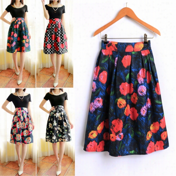 Fashion Lady Wome N Vintage Manner High Waist Print Casual Party Slim Midi Pleated Skirt