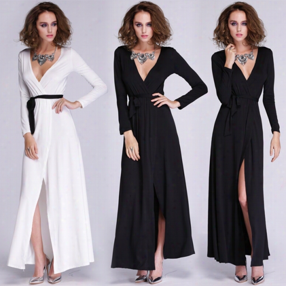 Fashion Lady Women's Casual Partyy Long Sleeve V-neck Splitting Sexy Long Dress