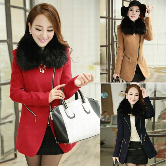 Fashion Throughout Slee Ve Asymmetric Inclined Zipper Detachzble Collzr Solid Colorc Oat Jacket