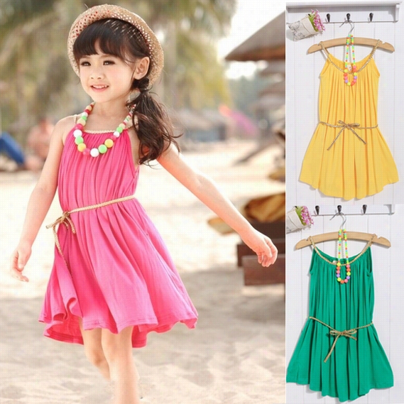 Fashion Summer Kid Sgirls Casual Sleeveless Strp Pleated Solid Beach Dress