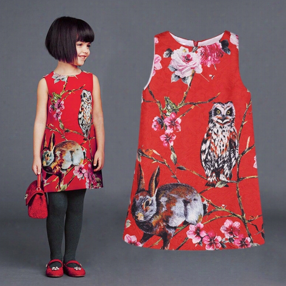 Fashion Summer Kids Irl S Sleeveless O-neck Print A-line Party Dress