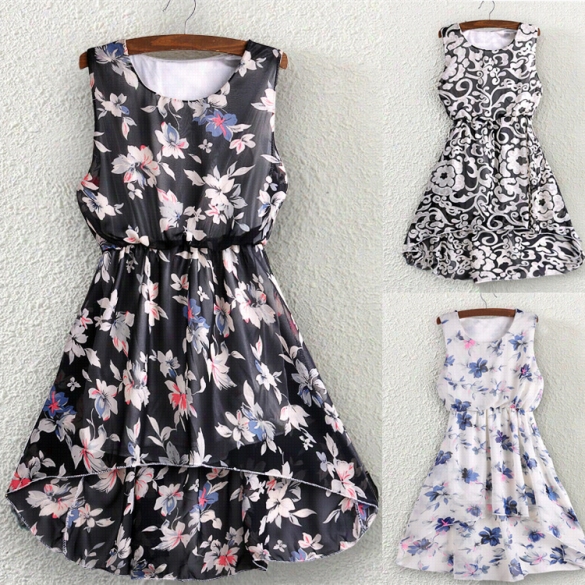 Fashion Women Casua Chiffon O-neck Sleeveless High Waist Floral Irreular Beach Dress