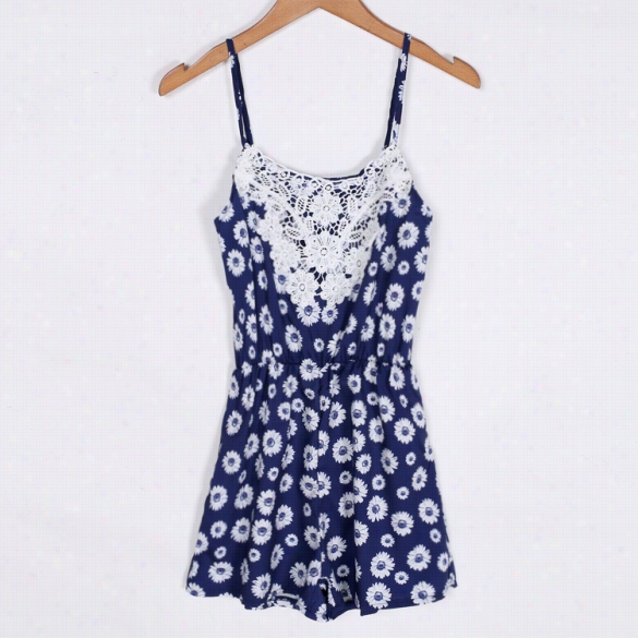 Fashion Women Chiffon Floral Pattern Soaghetti Straps Lace Decor Elastic Waist  Cas Ual Short Jumpsuit