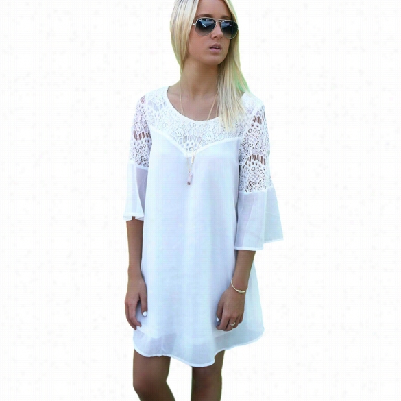 Fashionn Women Flarre Sleeve Hollow Out Lace Patchwork Lo Ose Casual Mini Chiffon Dress