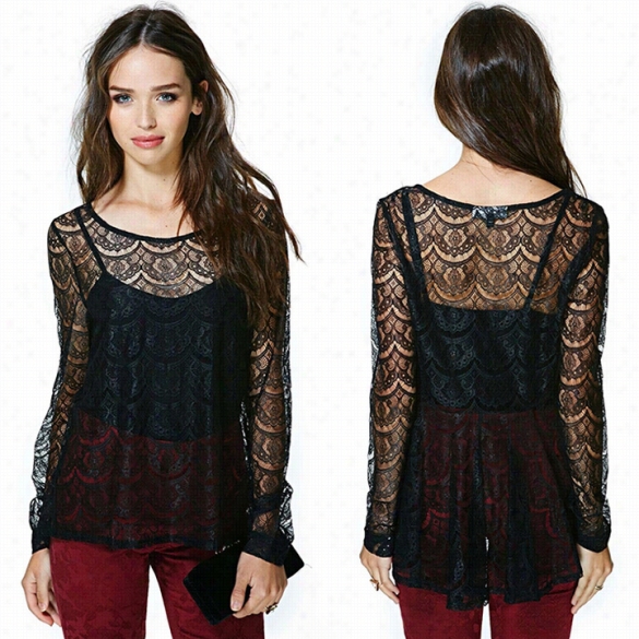 Fashion Women Sexy Longg Sleev Eem6roidery Lace Crochet Sheer T-shir Tops Blouse