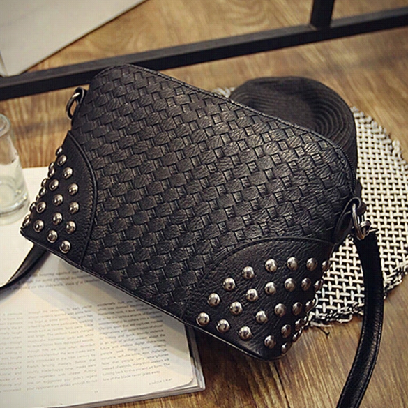 Fashion Women Synthetic Leather Braid Weave Rivets Shoulder Cro Ss Body Bag Messenger