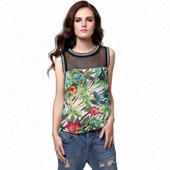 Finejo Stylish Ladies Floral Stitching O-neck Sleeveless Casual Long Tank Top